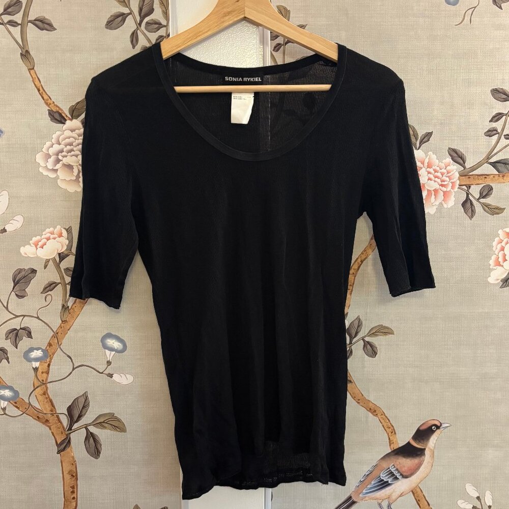 Sonia Rykiel Black Tee, Large Medium, ribbed and slightly sheer, cotton silk